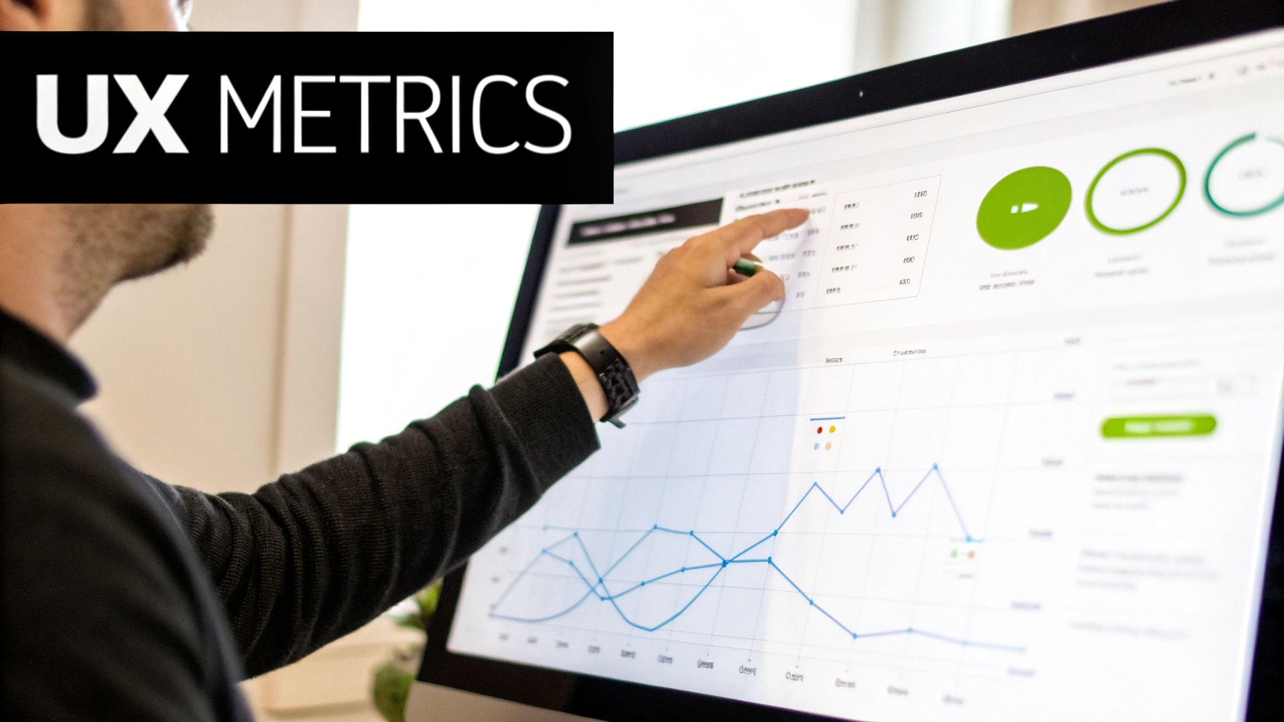 Person pointing at a computer screen displaying UX metrics, charts, and performance data for analysis.
