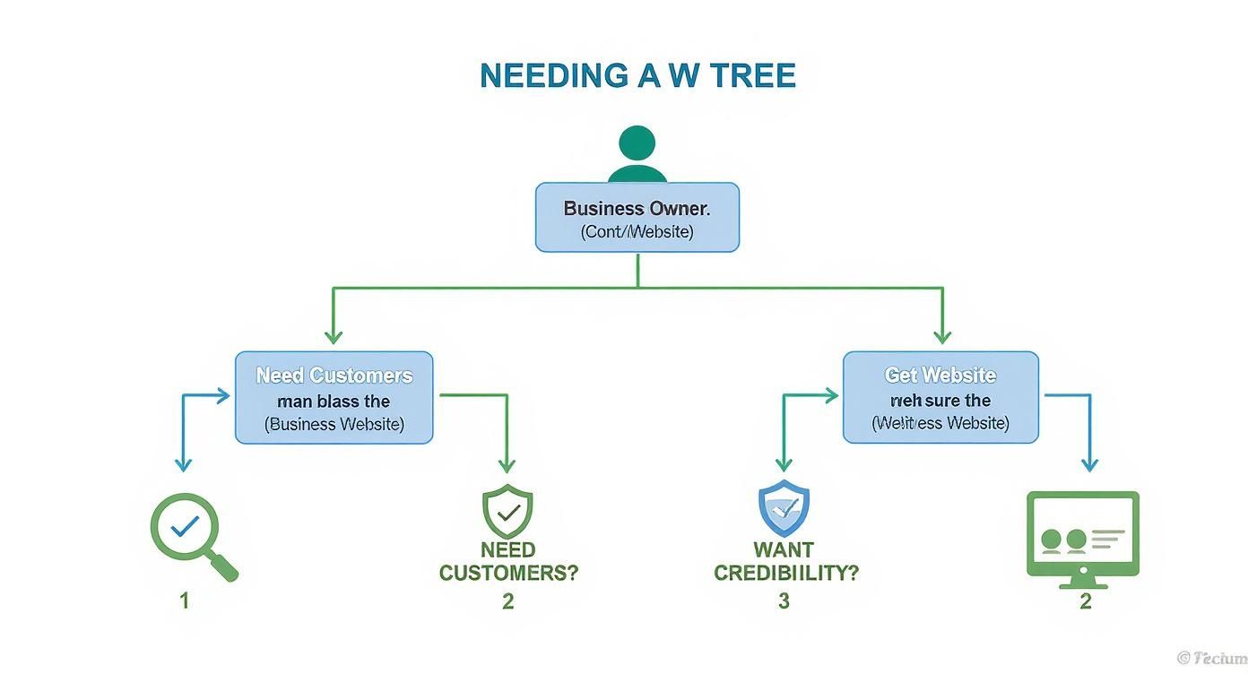 Diagrama de flujo que muestra las necesidades del propietario de una empresa: clientes a través de su sitio web y credibilidad a través de su sitio web de bienestar.
