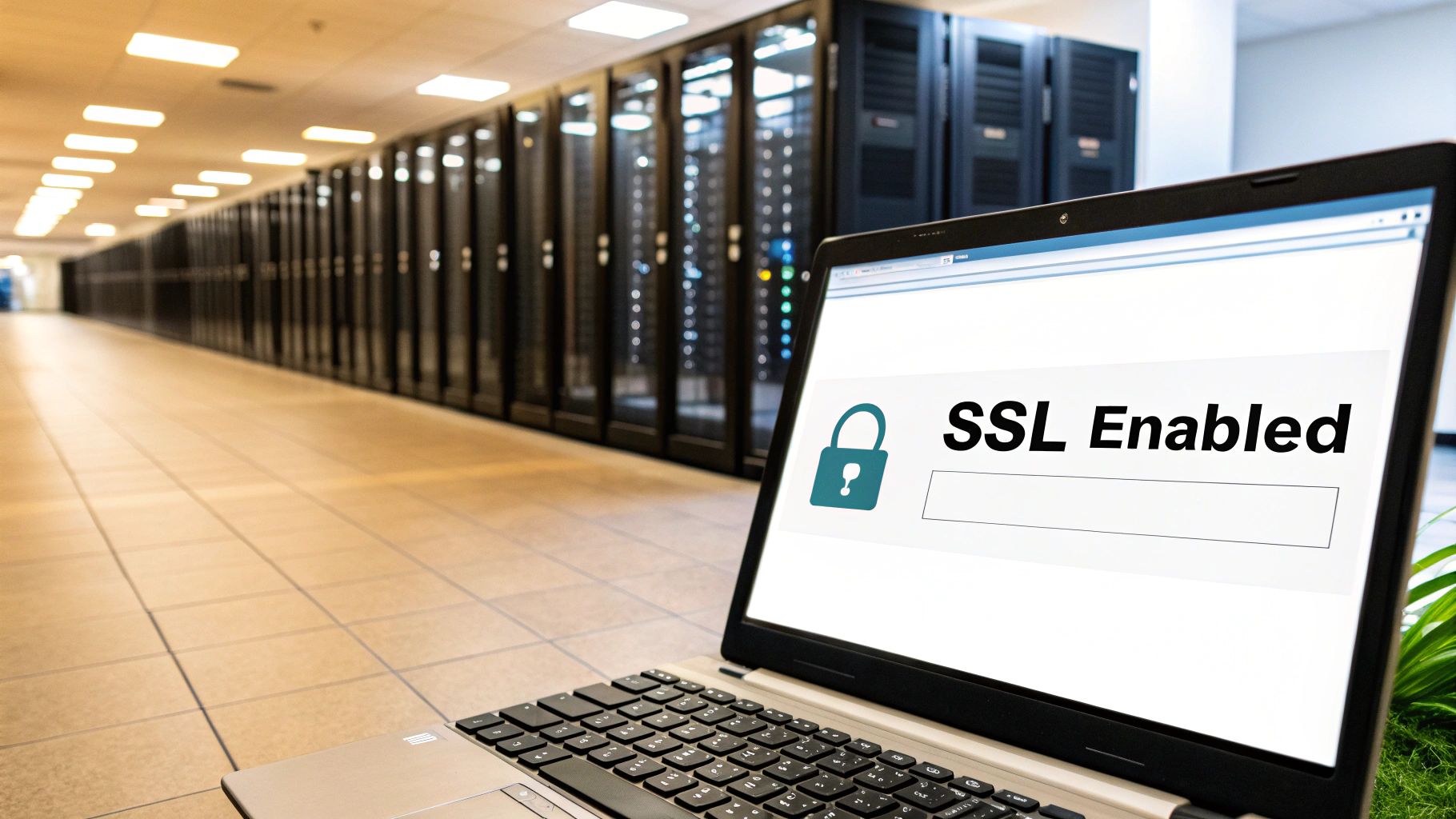 A laptop displaying 'SSL Enabled' with a padlock icon in a data center server room.
