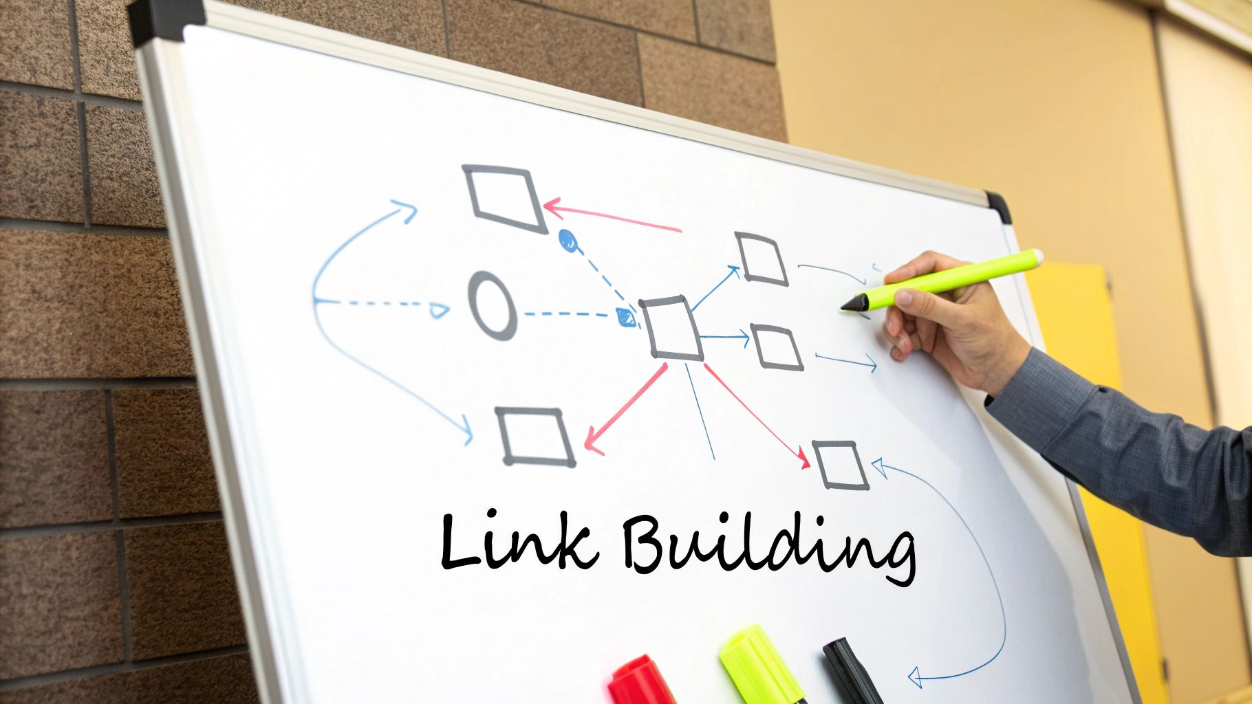 An illustration showing arrows pointing from various online sources (blogs, news sites, social media) to a central website, symbolizing the building of authority through backlinks.