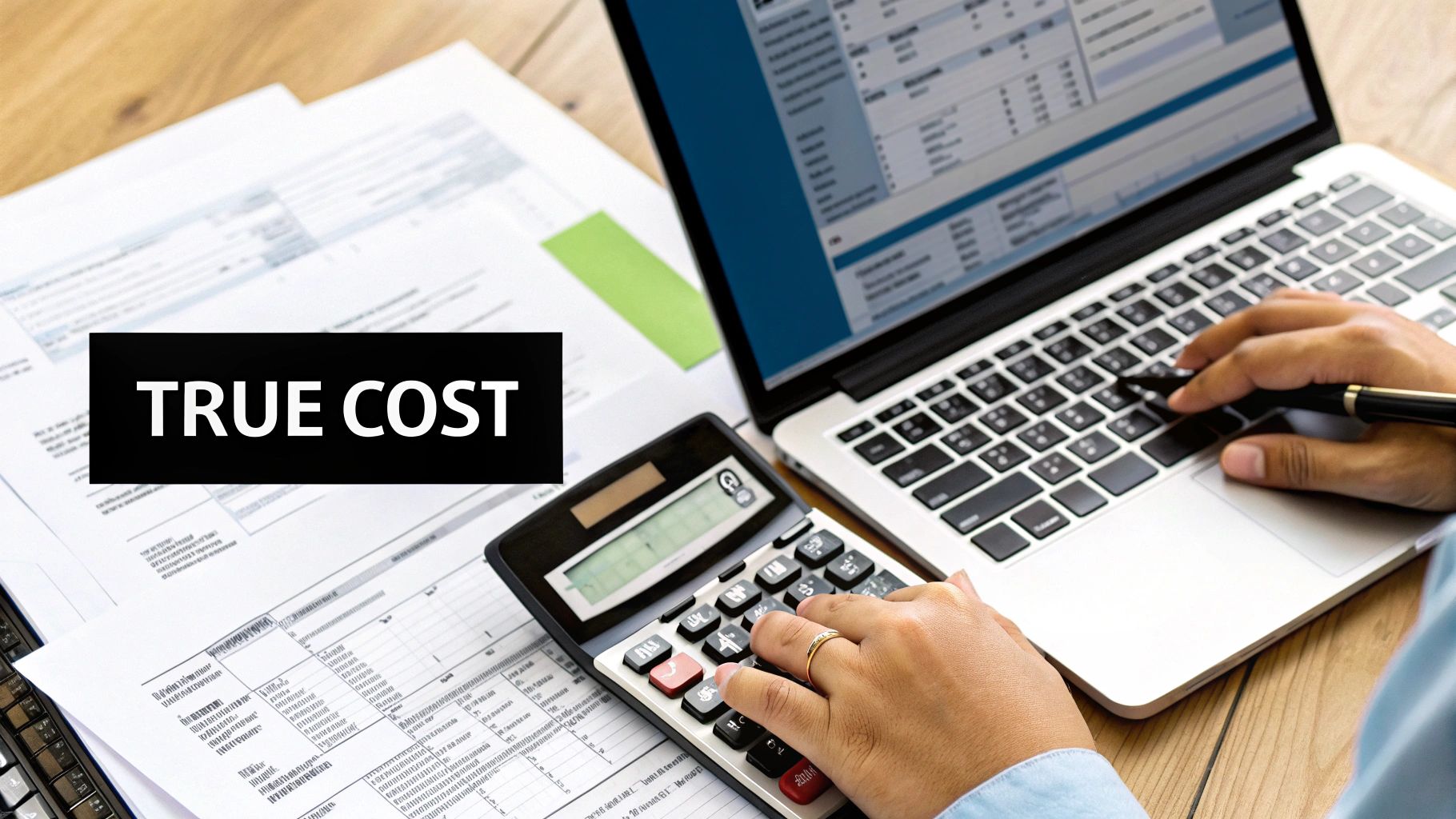 A calculator and charts on a desk, representing the financial comparison of Shopify vs Webflow.