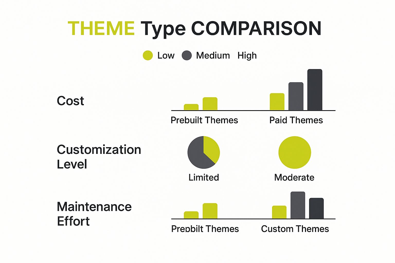 Infographic comparing Prebuilt, Paid, and Custom Shopify themes on cost, customization, and maintenance.