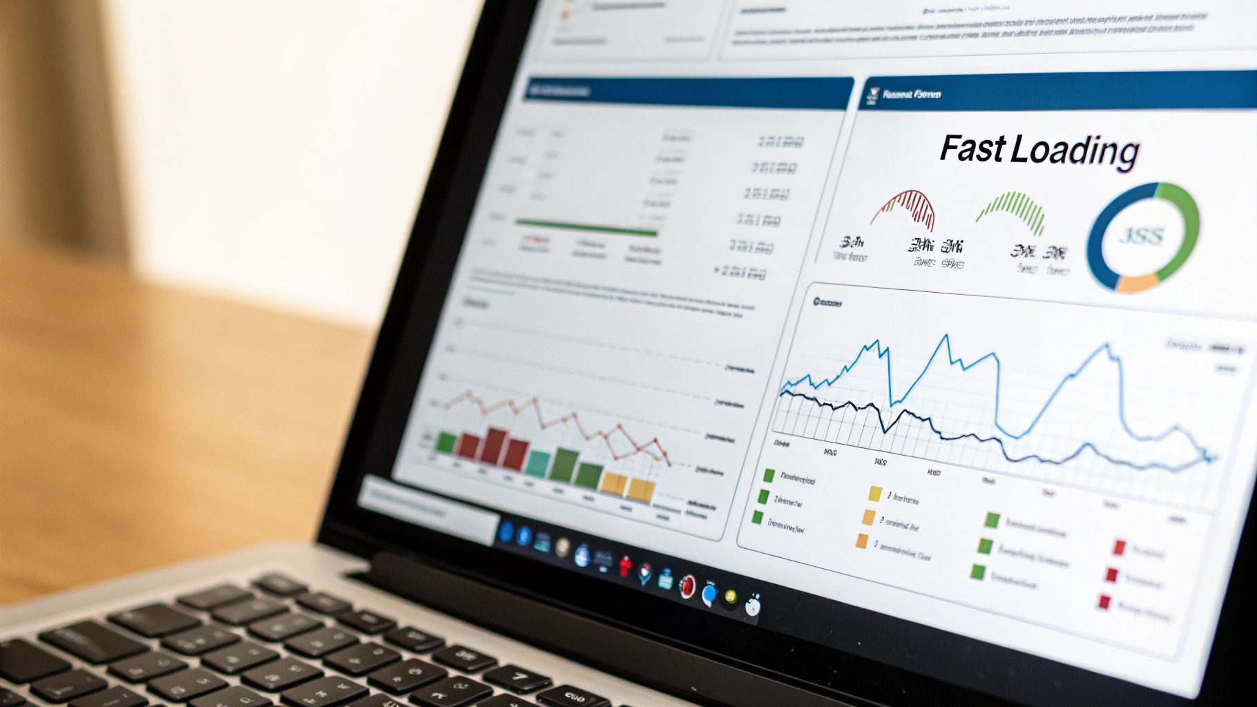 Image of a person working on a laptop with charts on the screen representing budget planning