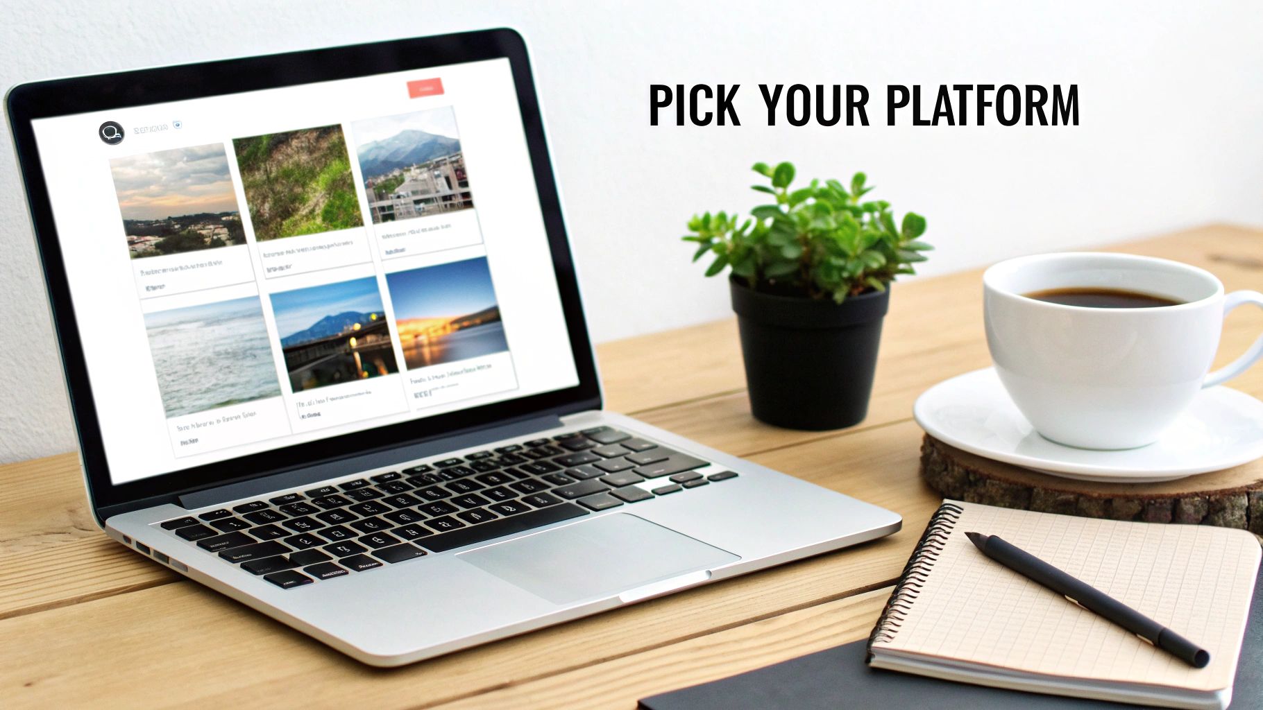 A laptop displaying various images on a website, next to a coffee cup, plant, and notebook on a wooden desk.