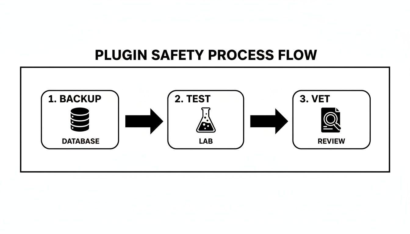 A flowchart diagram outlining the three-step plugin safety process: Backup, Test, and Vet stages.