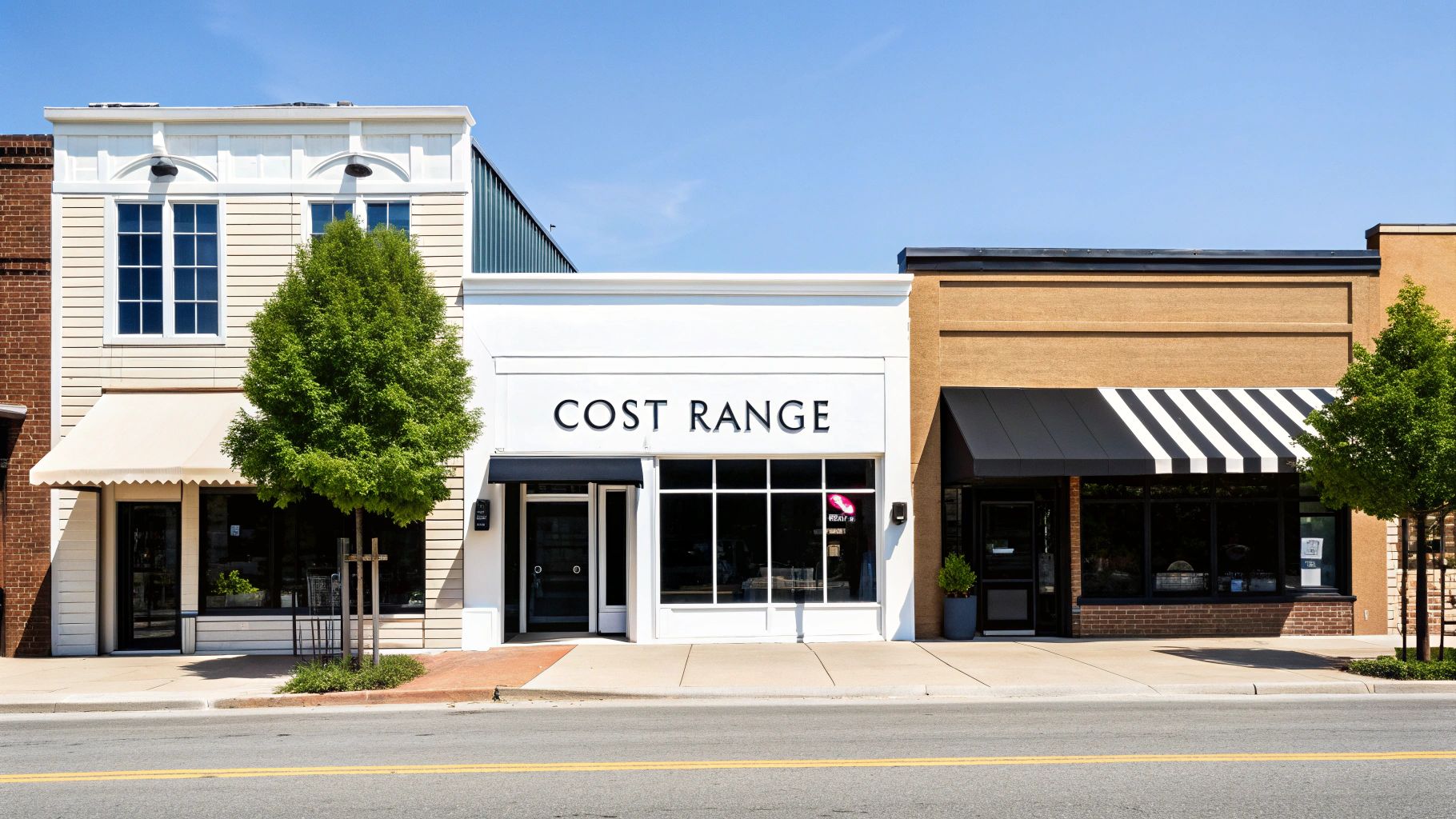 Modern retail storefront with Cost Range signage on main street commercial shopping district