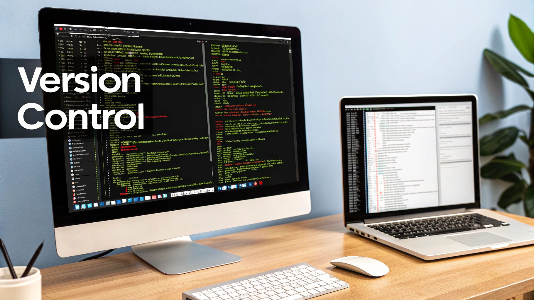 A desk with a large monitor and laptop displaying code, emphasizing 'Version Control' for development.
