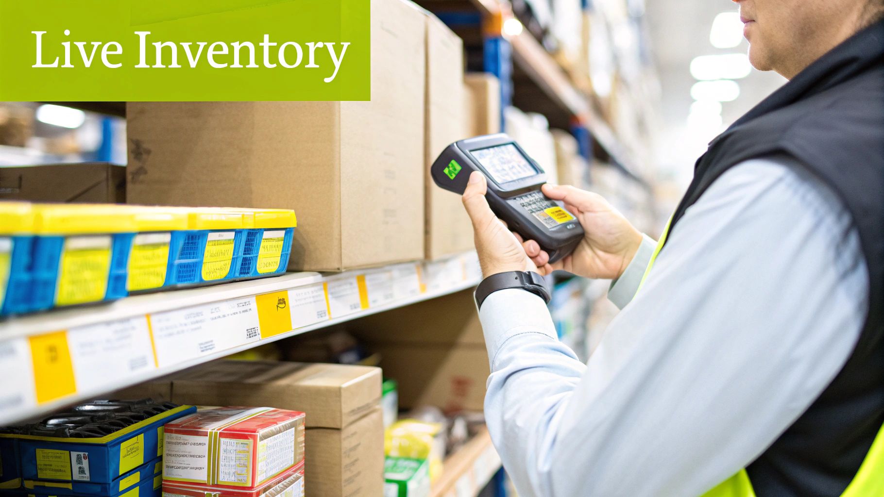 A warehouse worker scans a box with a handheld device, demonstrating real-time inventory tracking in action.