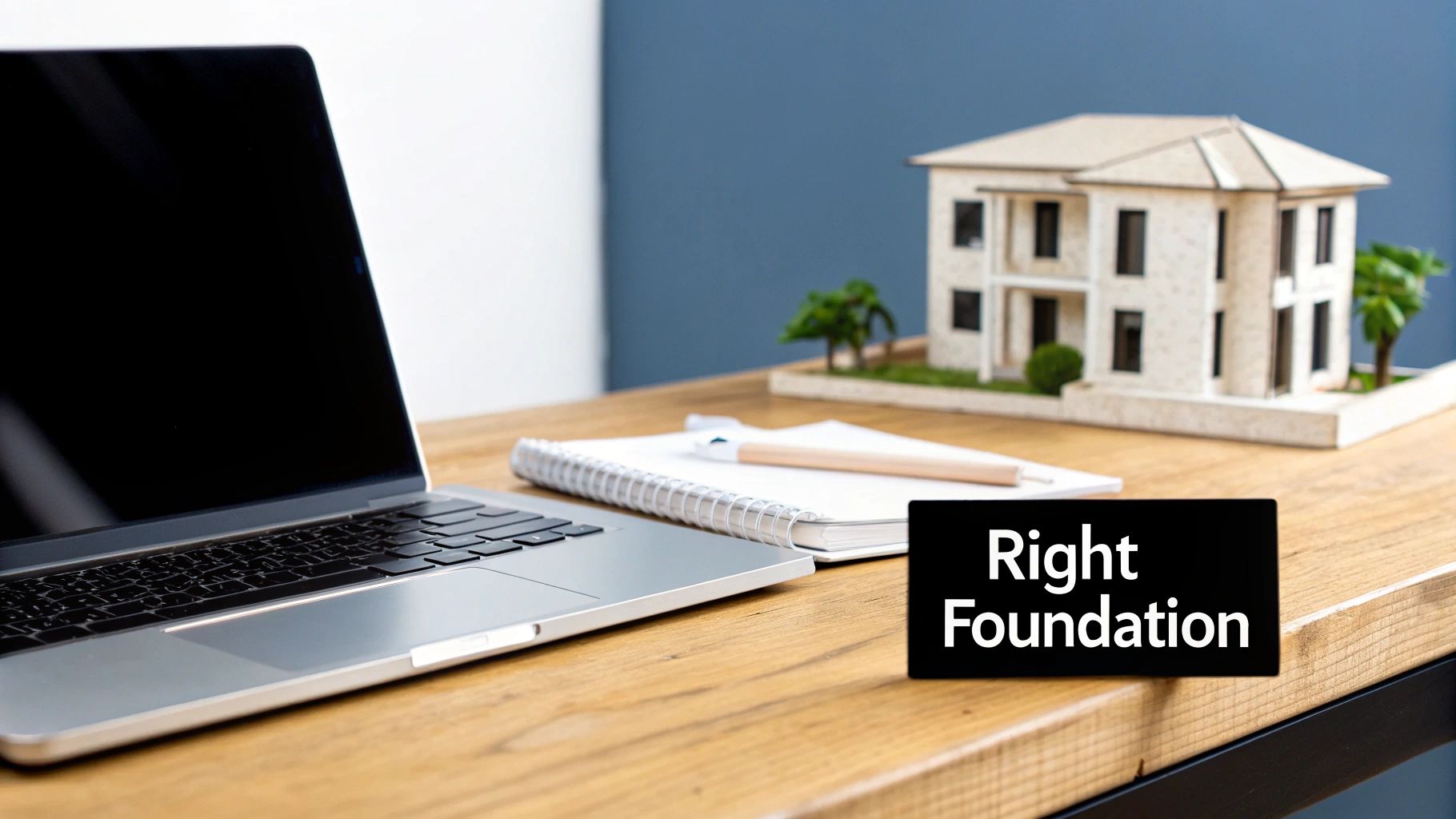 Laptop with architectural house model, notebook and pencil on wooden desk for technology planning
