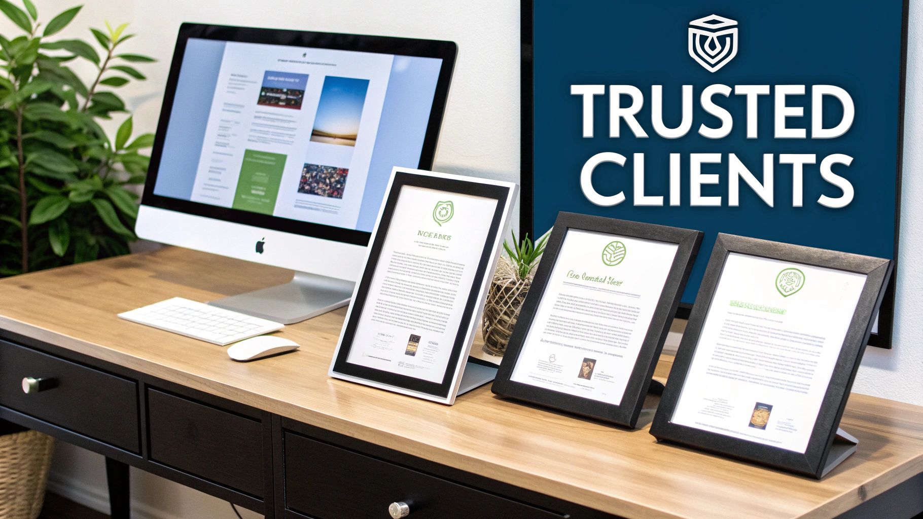 Modern office desk setup featuring an iMac, keyboard, mouse, framed documents, and a 'Trusted Clients' display.