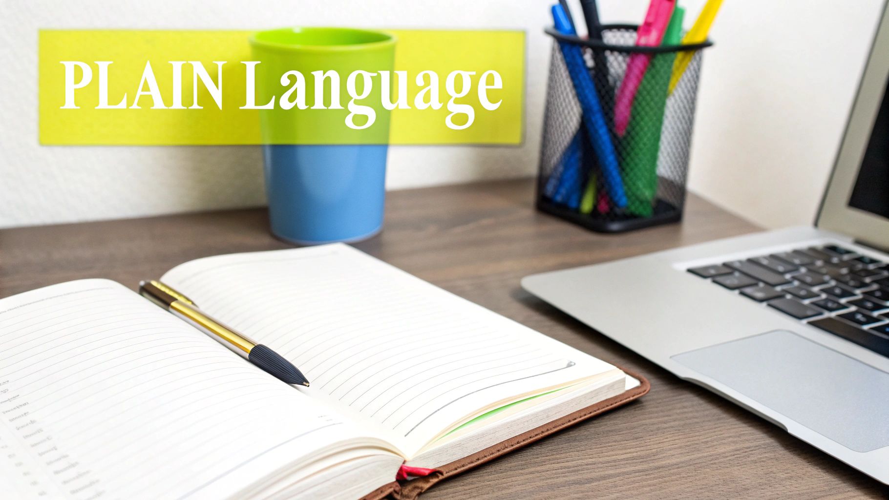 A graphic illustrating the concept of clear and concise language with icons representing simplicity and clarity.