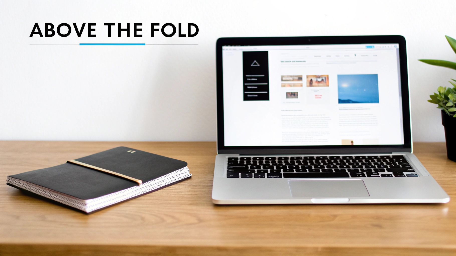 A modern workspace with a laptop showing a website, a black notebook, and a plant, featuring the text 'ABOVE THE FOLD'.