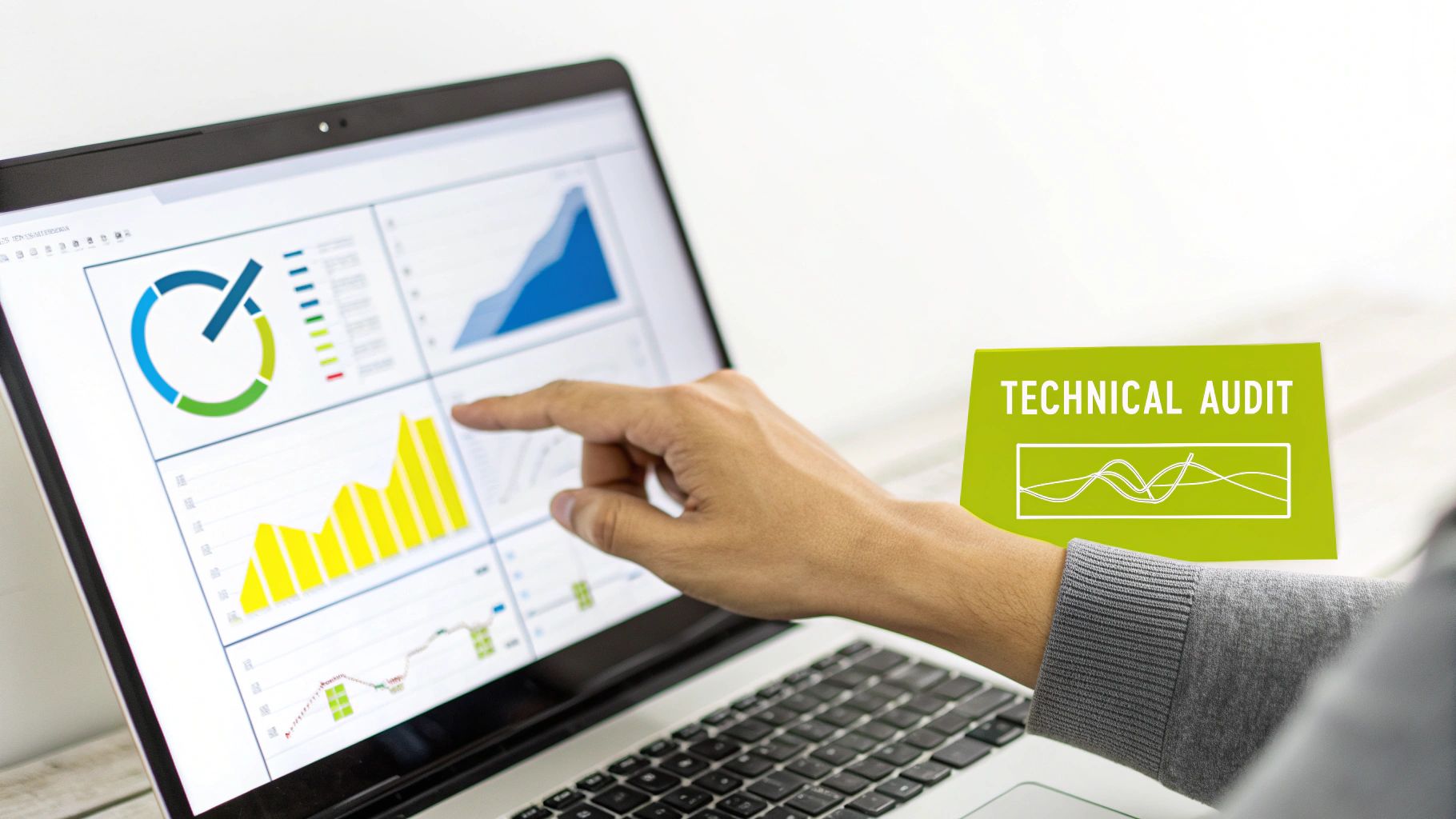 A person typing on a laptop, surrounded by icons representing content and SEO elements like keywords and headings.