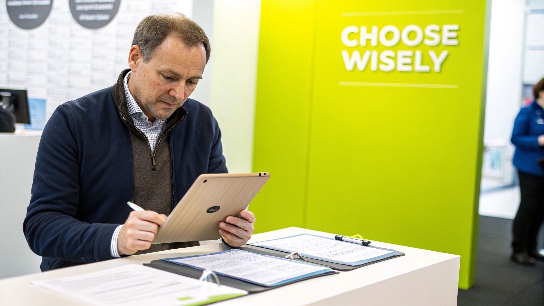 A person at a desk reviewing charts and data on a computer screen, symbolizing the process of choosing an SEO consultant.