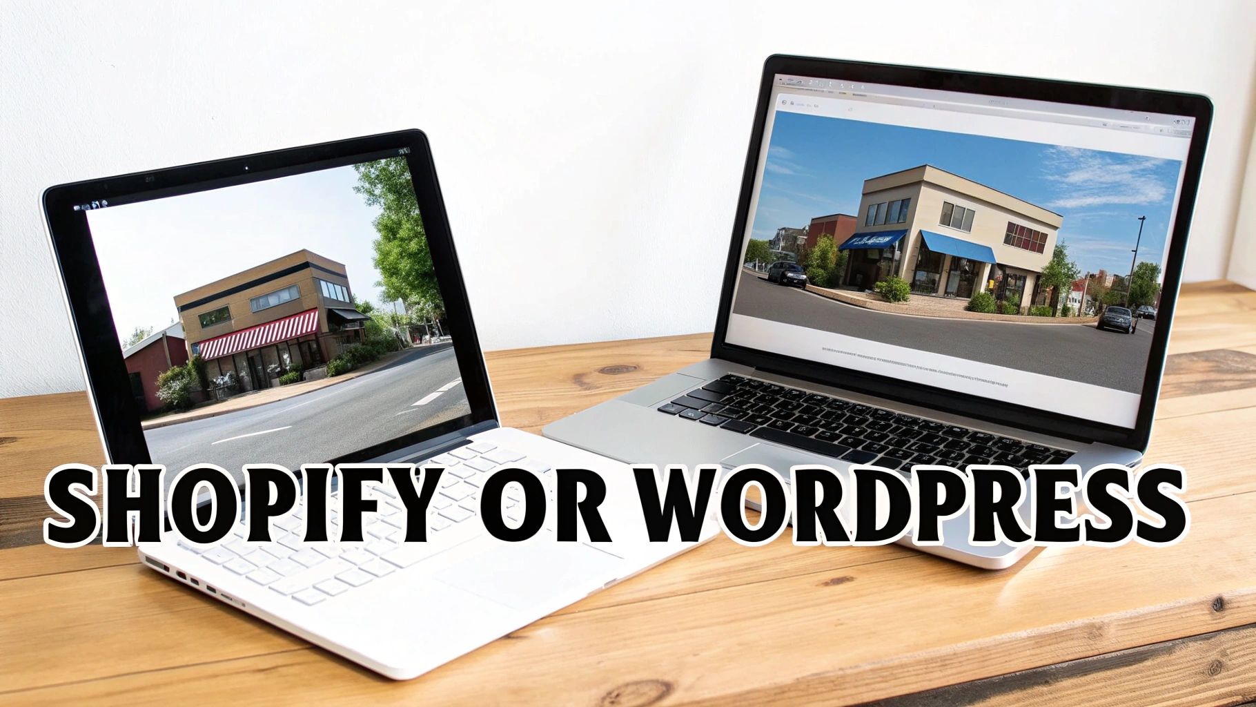 Two laptops on a wooden desk with storefront images on screens, featuring 'Shopify or WordPress' text.