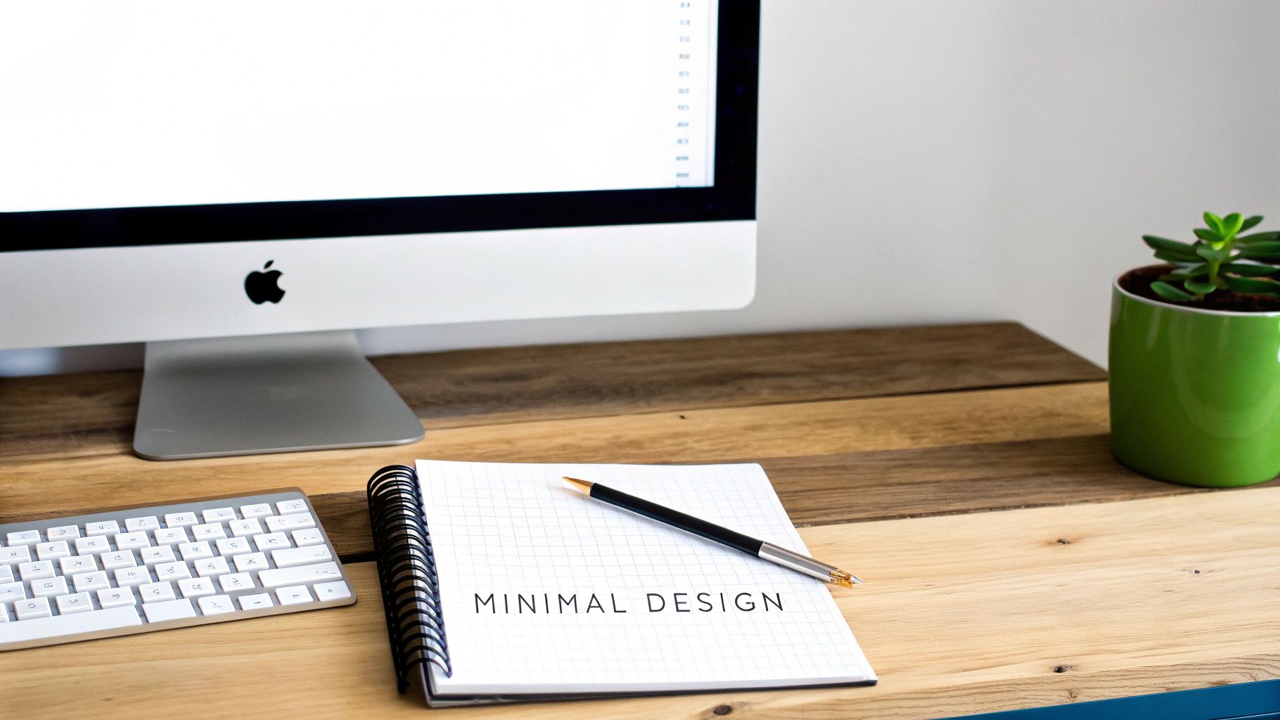 Minimal design notebook with pencil on wooden desk with Apple computer and keyboard