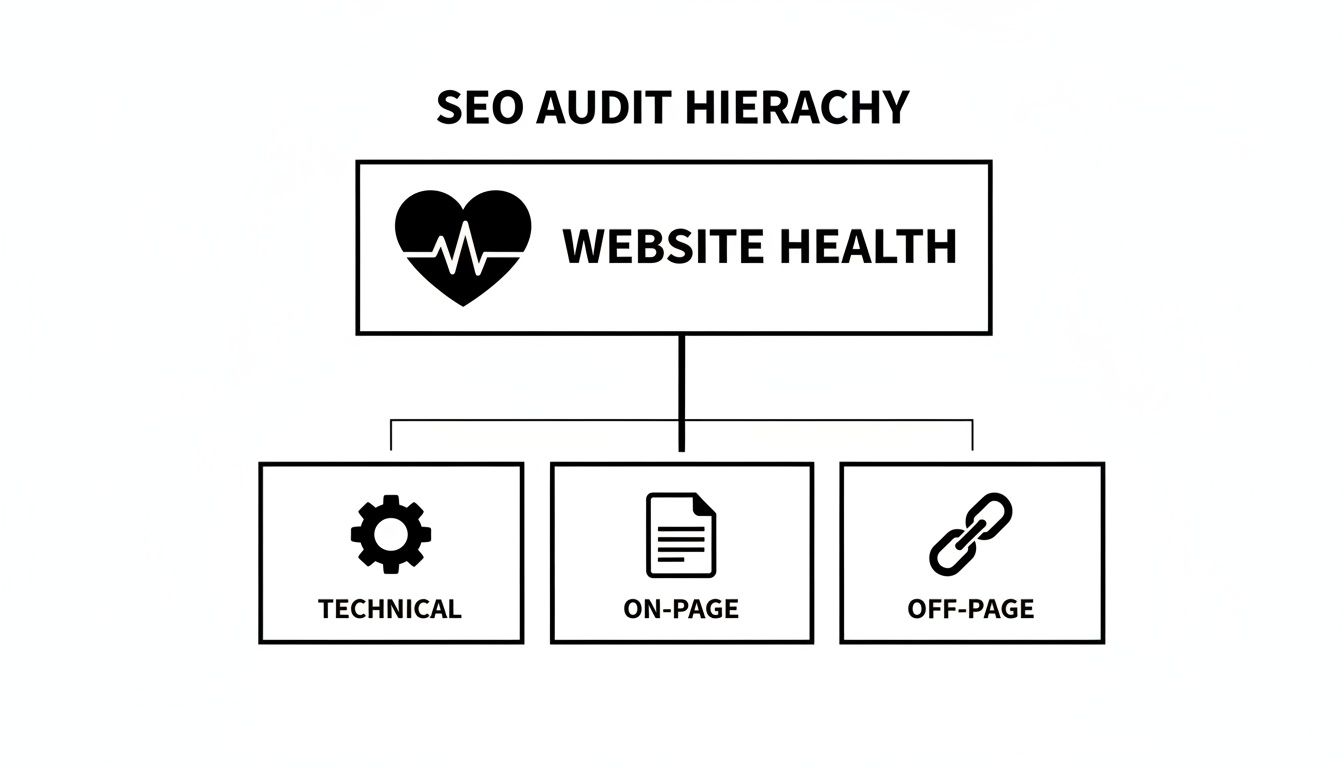 A hierarchy diagram illustrating SEO audit components: Website Health, Technical, On-Page, Off-Page.