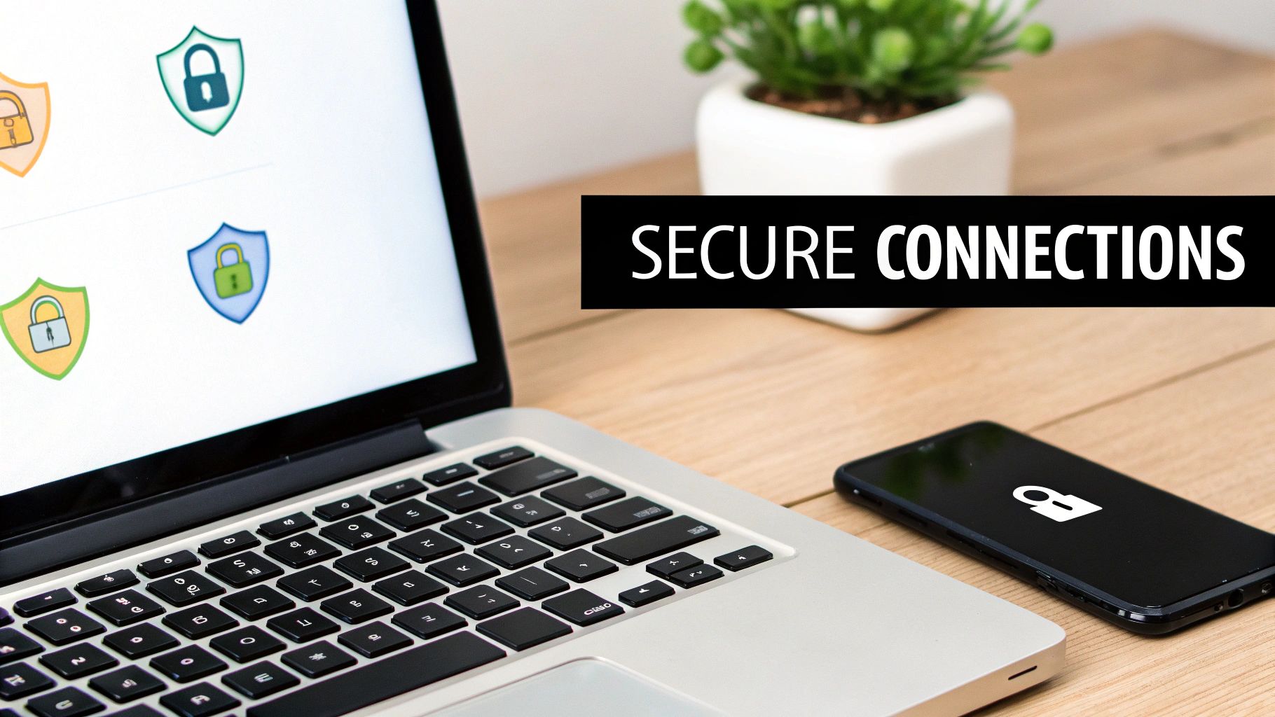 Laptop and smartphone with shield and lock icons, illustrating secure digital connections and data protection.