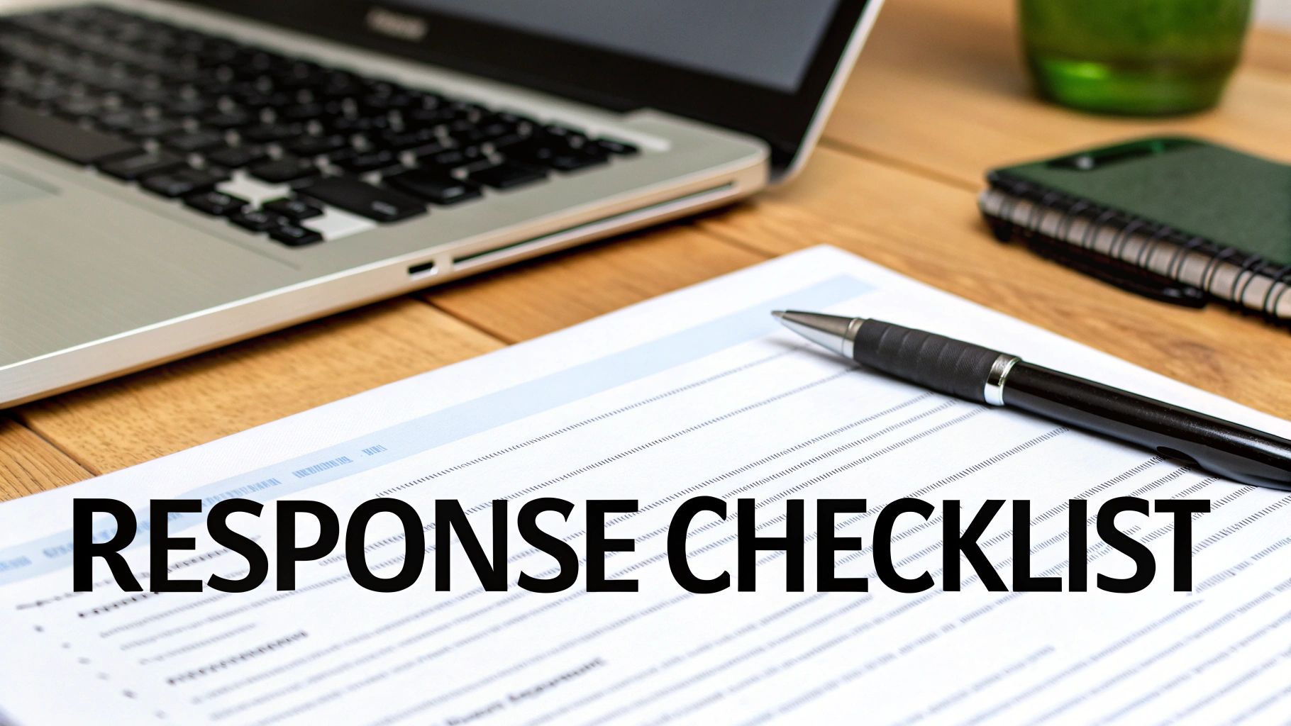 A document titled "RESPONSE CHECKLIST" with a pen, laptop, and notebook on a wooden desk.