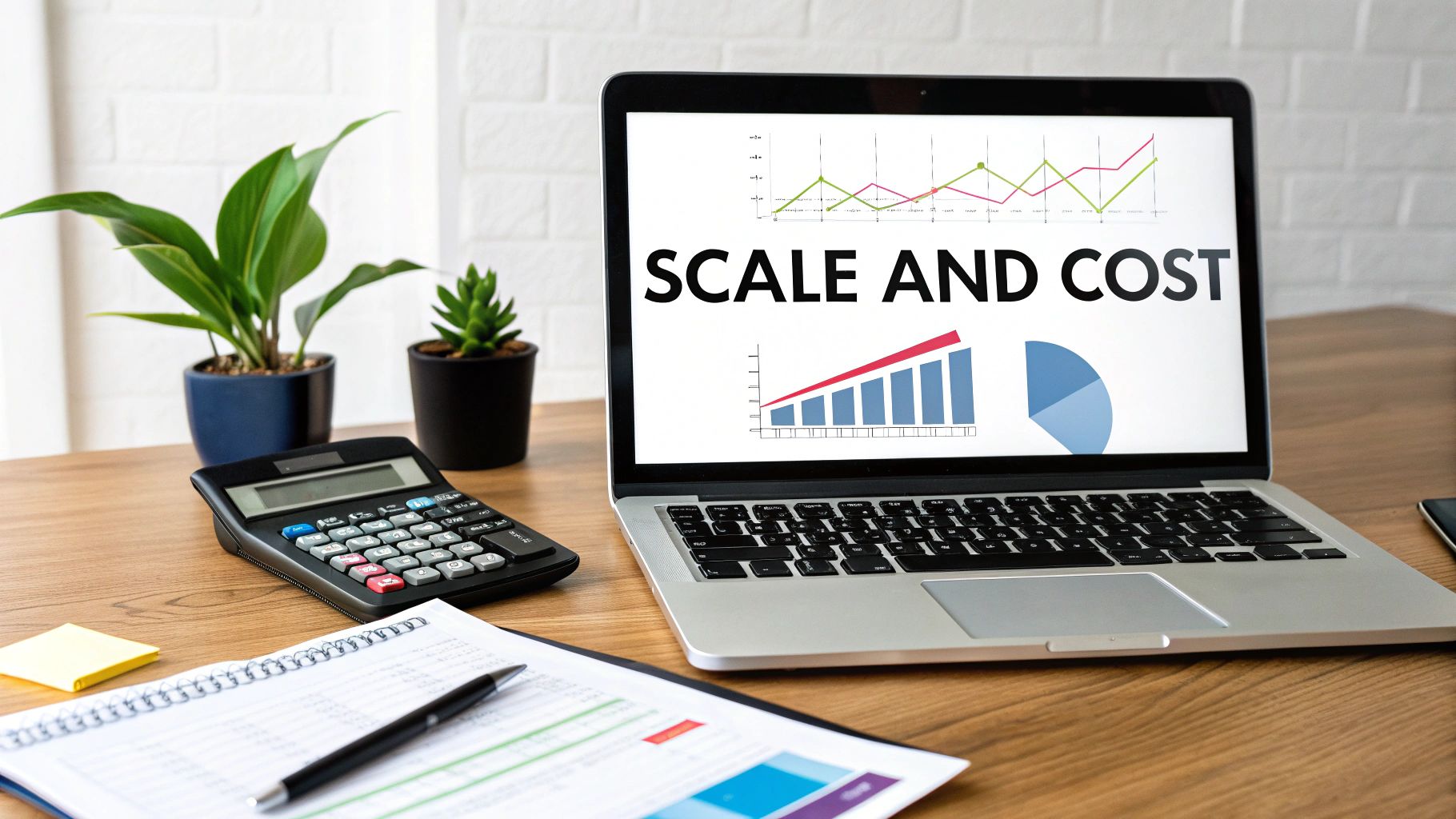 A laptop displaying 'SCALE AND COST' with charts, a calculator, a notebook, and plants on a wooden desk.