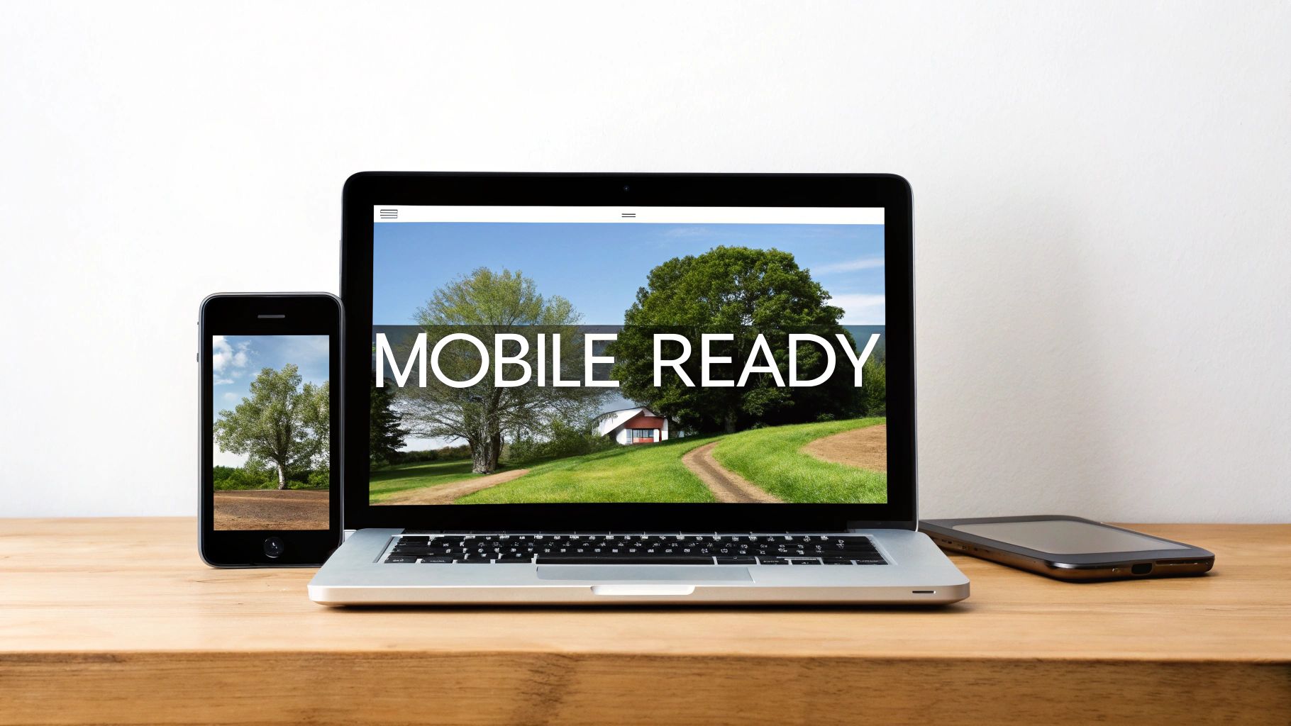 A laptop, smartphone, and tablet on a desk displaying a 'MOBILE READY' website design.