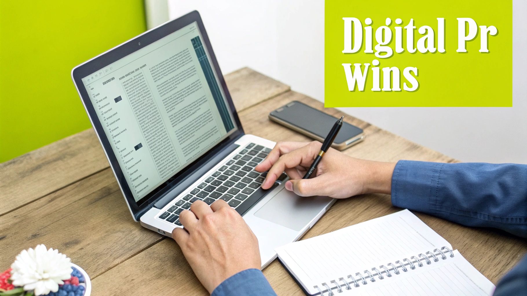 A person in a modern office pitching a digital PR campaign on a laptop