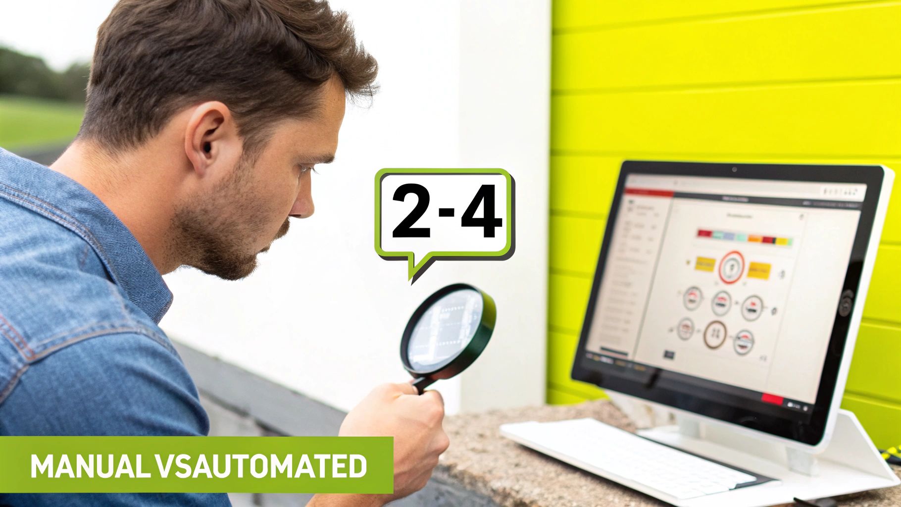 A split image showing a person manually testing a website on a laptop on one side, and an automated script running on a screen on the other.