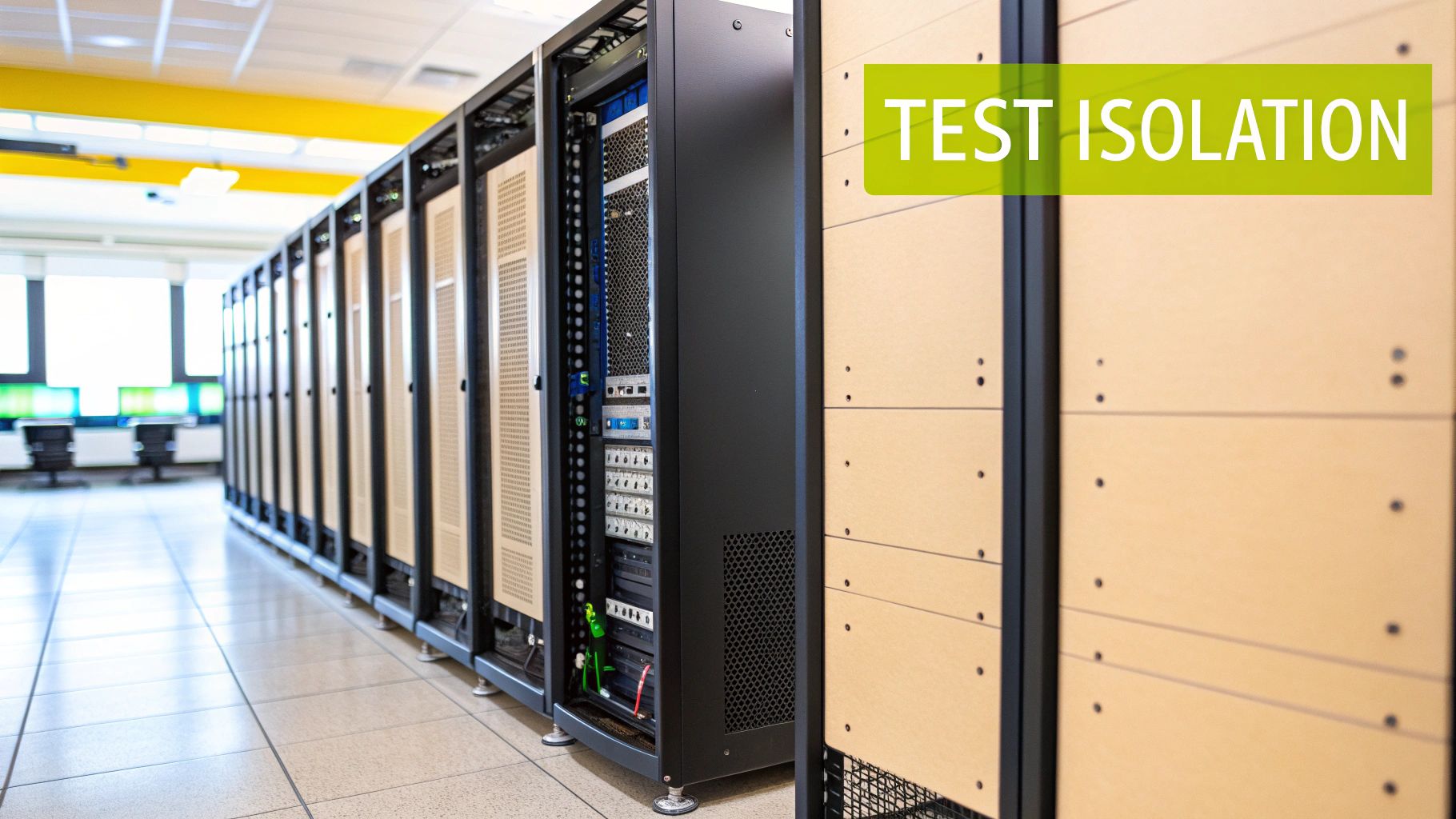Illustration showing isolated test environments with managed data, highlighting consistency and reliability in testing.