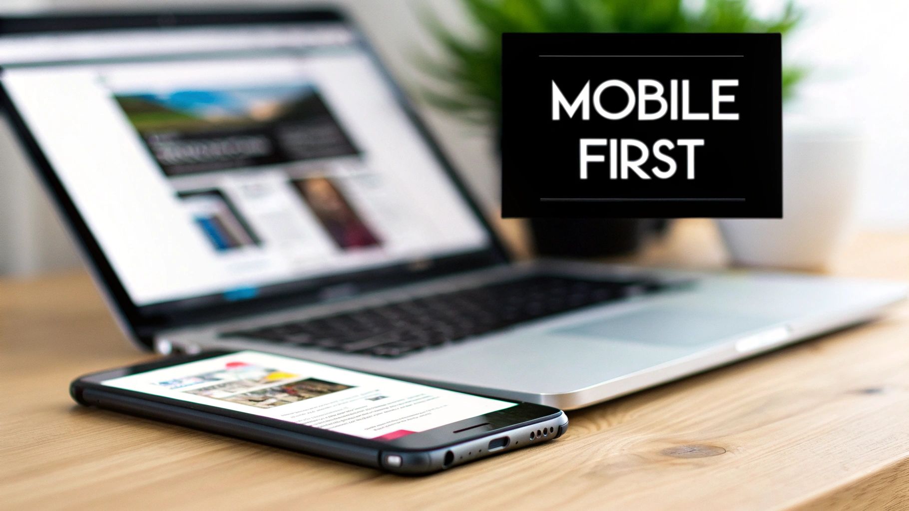 A laptop and smartphone on a wooden desk with a 'Mobile First' overlay, illustrating responsive web design.