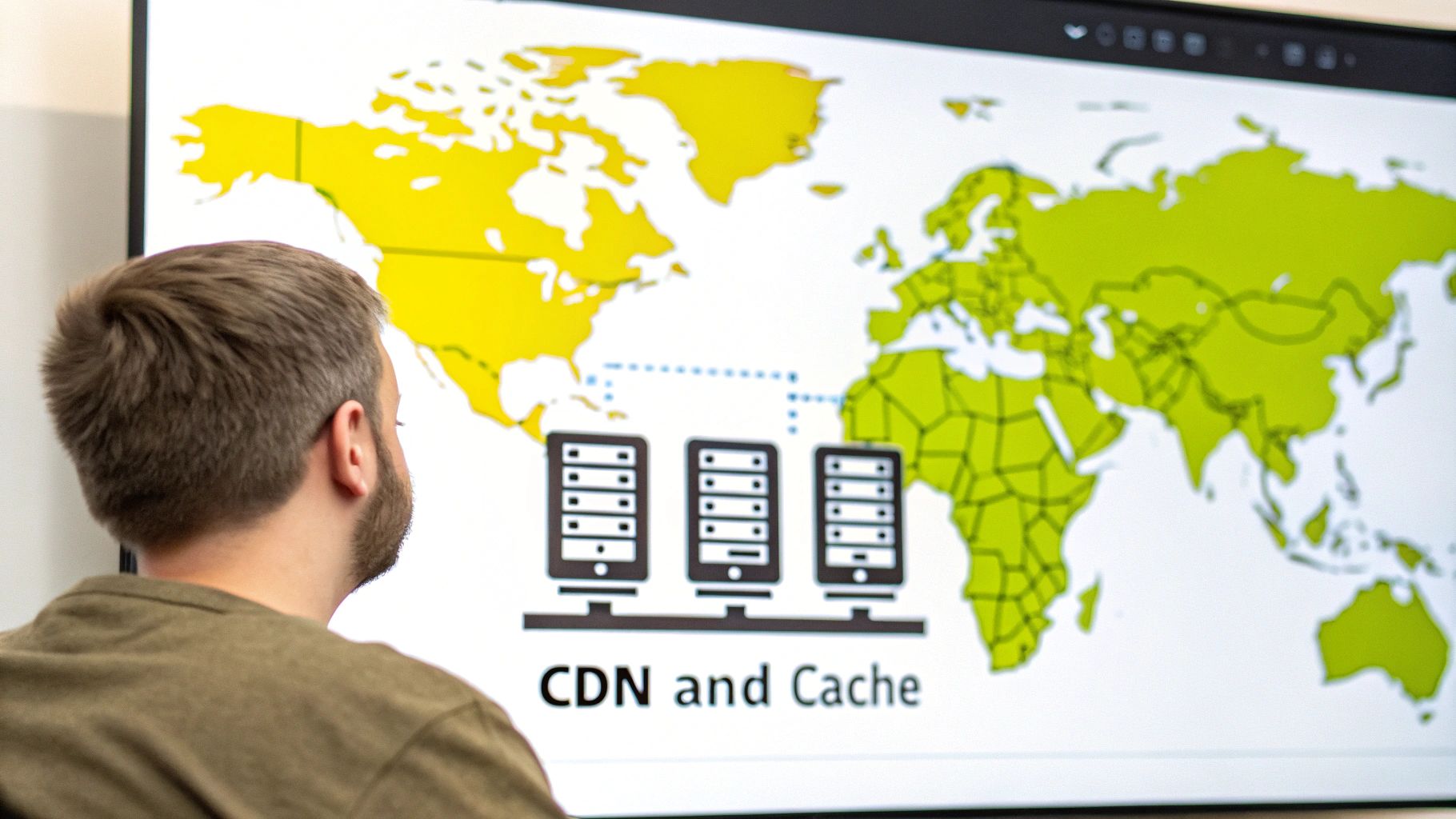 Globe illustration with interconnected servers showing how a CDN works