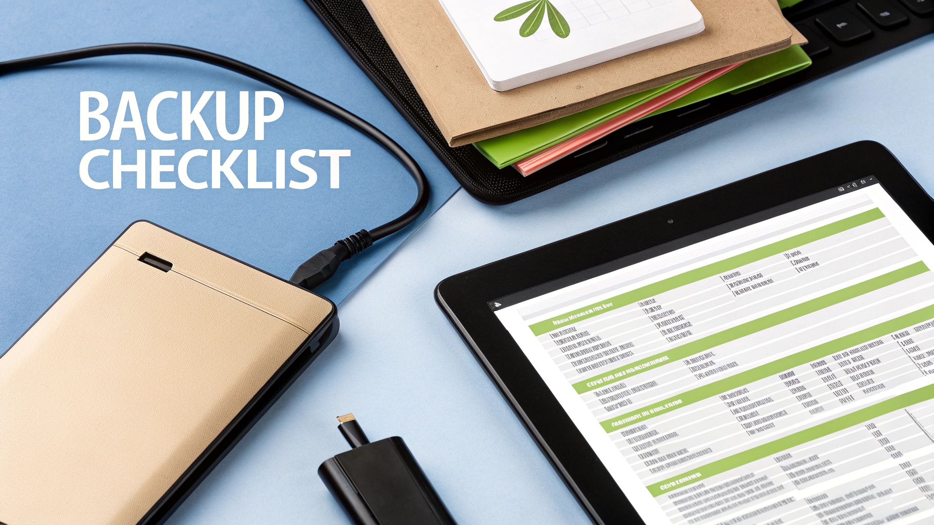 A person looking at a digital checklist on a tablet, with icons for backups and server settings.