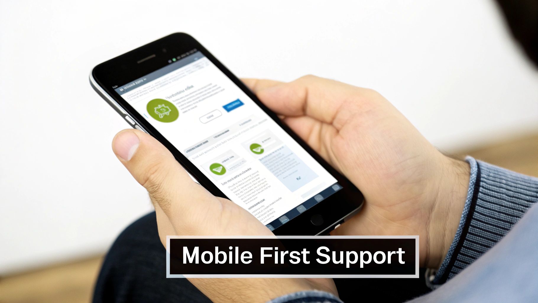 Close-up of a person holding a black smartphone, interacting with an app, displaying 'Mobile First Support'.