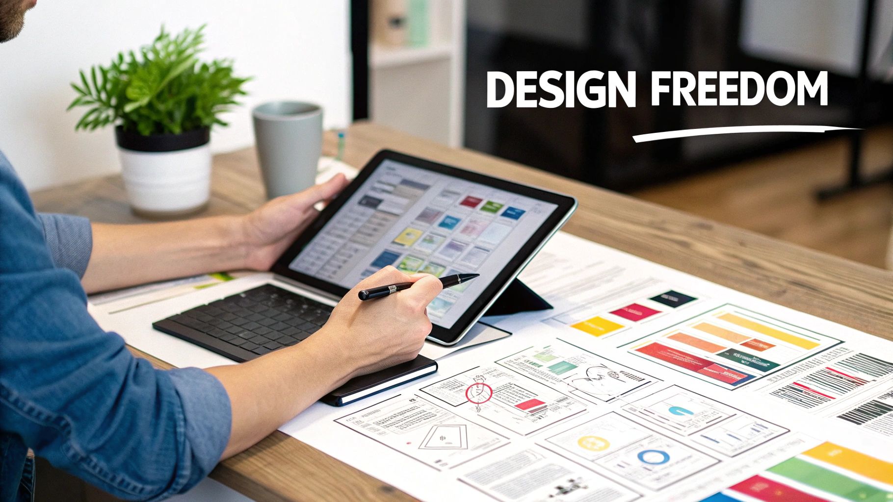 A person works on a tablet with a stylus, designing web layouts and graphics on a desk.