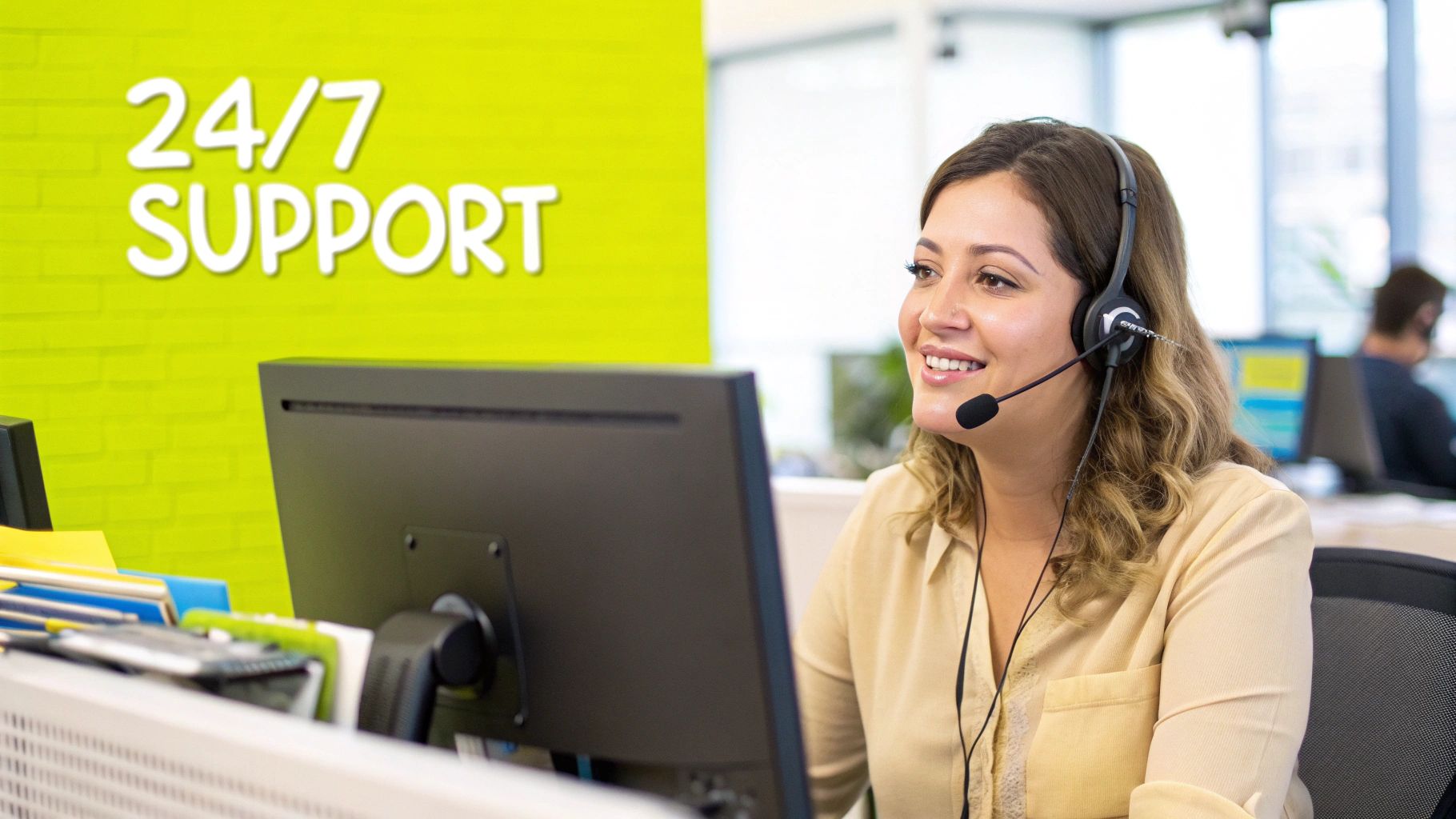A customer support agent assisting a customer with a headset on