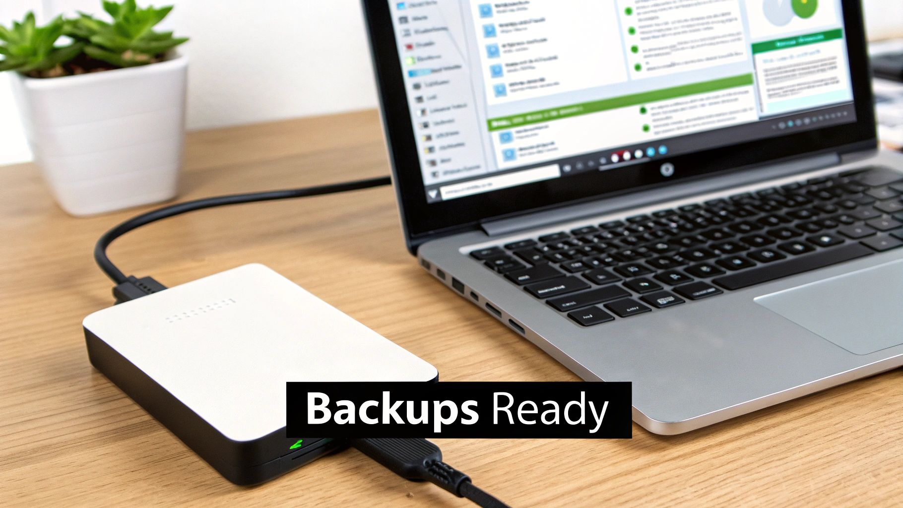 An external hard drive connected to a laptop on a wooden desk, ready for data backups.