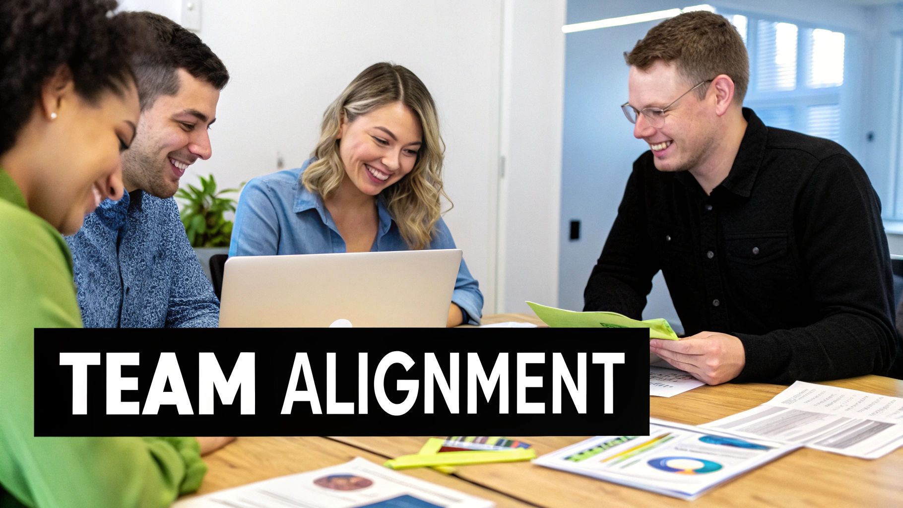 A team of diverse professionals collaborating around a table, brainstorming ideas for a rebrand.