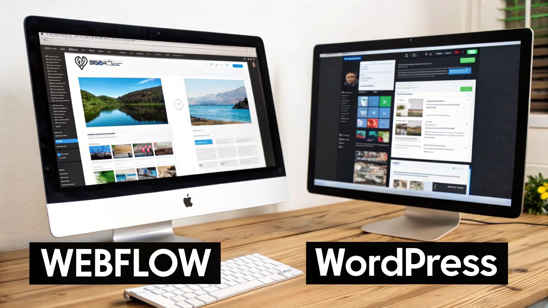 Side-by-side comparison of Webflow and WordPress interfaces on two desktop computers on a wooden desk.
