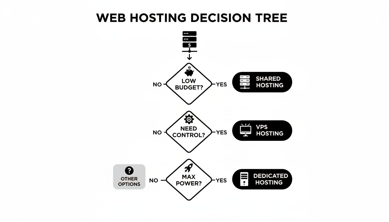 A web hosting decision tree flowchart guiding users to shared, VPS, or dedicated hosting based on budget, control, and power.