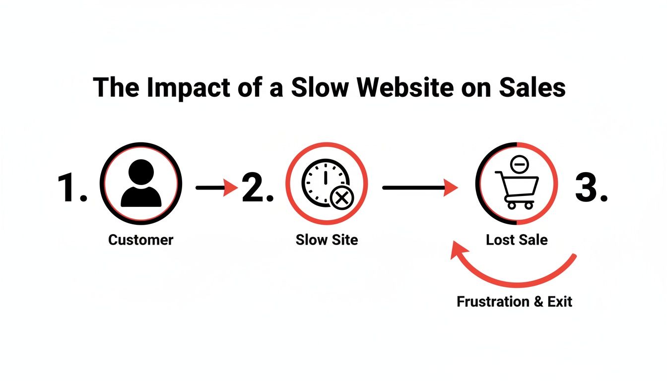 Infographic showing a customer encountering a slow website, leading to frustration, exit, and a lost sale.
