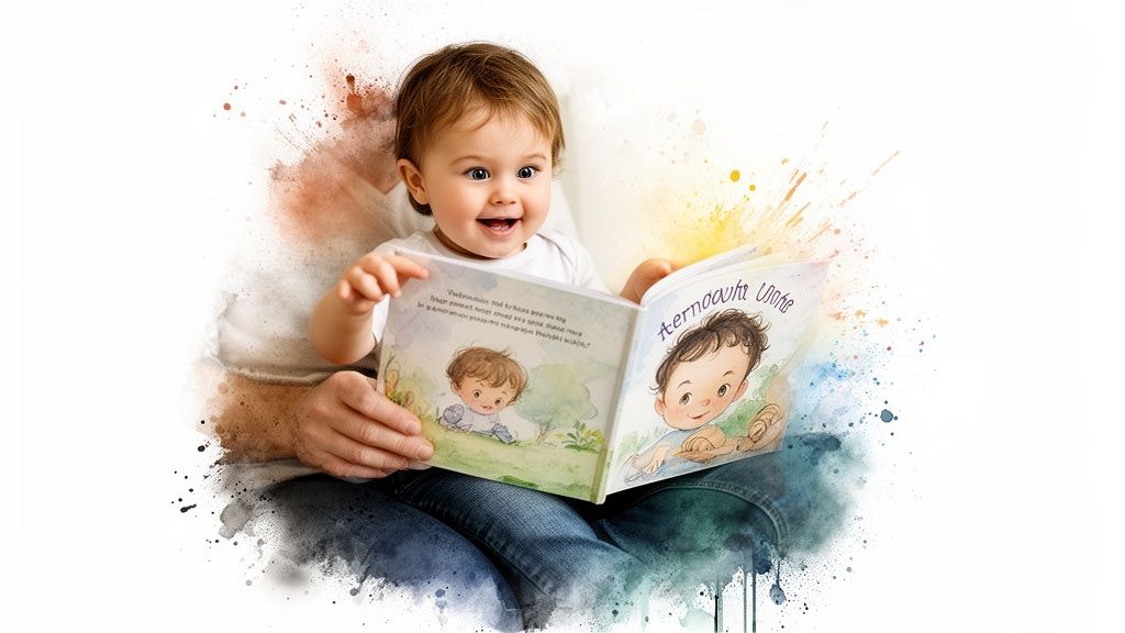 A joyful baby on an adult's lap, smiling widely while reading a personalized picture book.