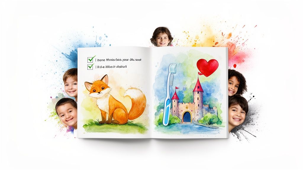Happy diverse children peeking around an open storybook with watercolor illustrations of a fox, castle, and toothbrush.