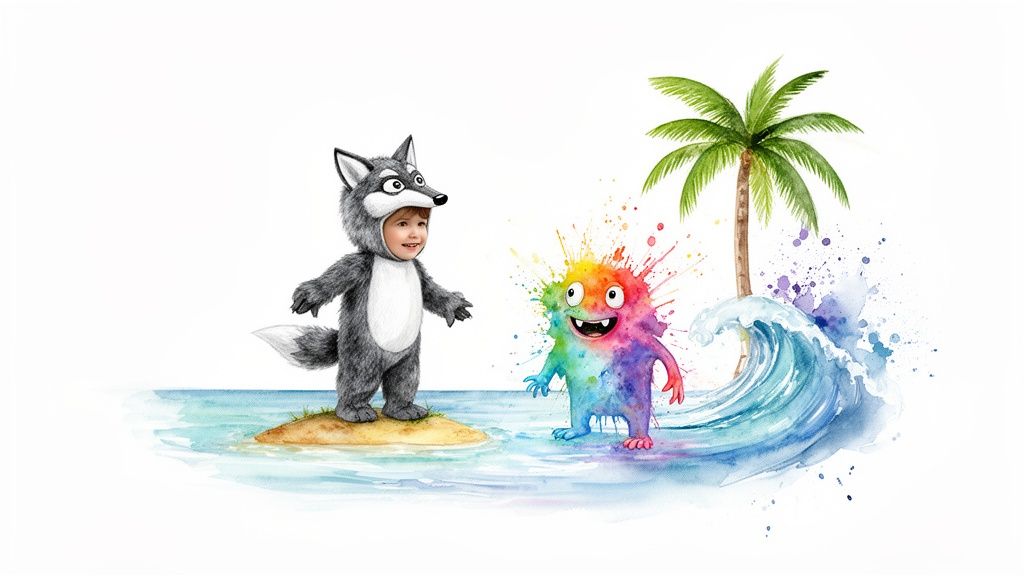 Watercolor illustration of a child in a wolf costume on an island with a colorful monster, palm tree, and ocean wave.