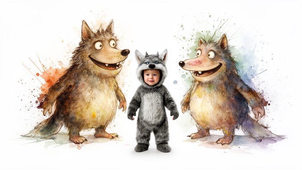 A happy baby in a gray wolf costume stands between two smiling watercolor cartoon wolves.