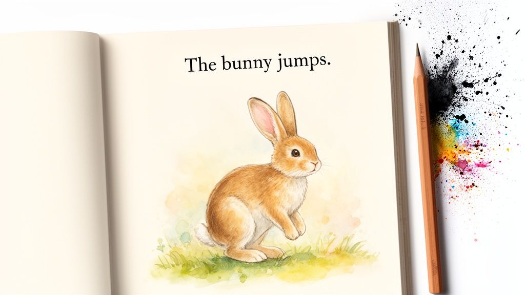 An open storybook displays a watercolor bunny illustration and text, alongside a pencil and colorful paint splatters.