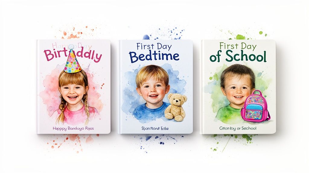 Collection of three personalized baby books with watercolor illustrations of children and vibrant splash backgrounds.