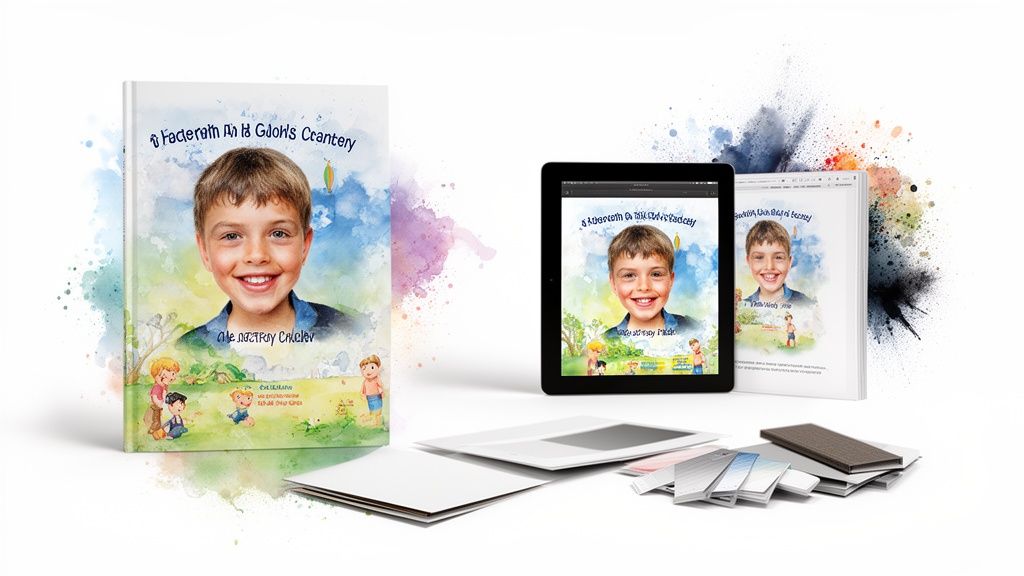 Personalized storybooks featuring a smiling boy's photo, shown in print and on a tablet, with watercolor accents.