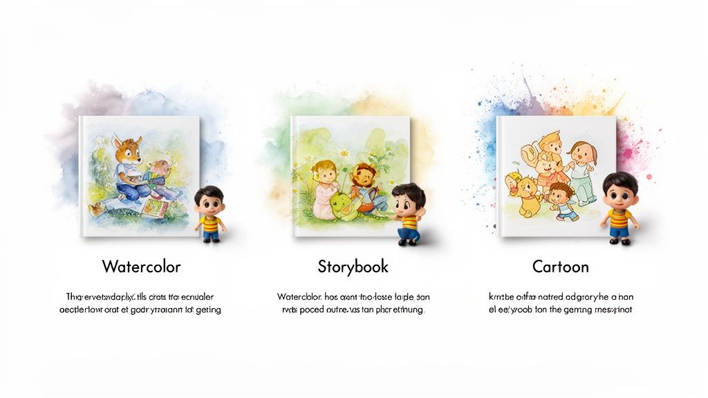 Three examples of children's illustration art styles: watercolor, storybook, and cartoon, with books and toy figures.