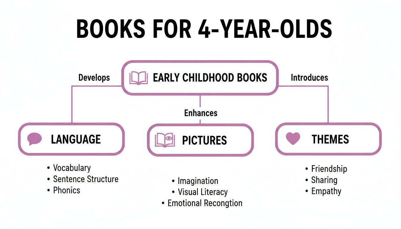 Mind map illustrating the benefits of early childhood books for 4-year-olds, developing language, enhancing pictures, and introducing themes.