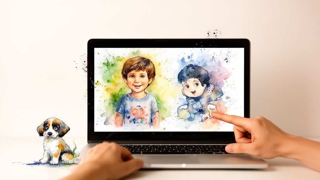 A hand interacts with a laptop displaying two joyful watercolor children's illustrations, with a cute puppy nearby.
