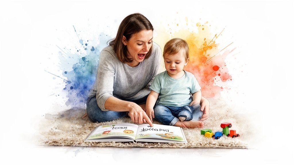 A happy mother and toddler joyfully read a colorful storybook together on a soft rug with toys.